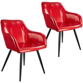 TecTake 800877 Lot de 2 Chaises de Salle à Manger en Simili Cuir Scandinave Pieds en Acier Noirs Élégant avec Accoudoirs – Diverses Couleurs (Rouge)