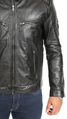 Veste en Cuir Véritable de Style de Motard pour Hommes Zip Up Manteau Matelassé Ron Noir Veste en Cuir Véritable de Style de Motard pour Hommes Zip Up Manteau Matelassé Ron Noir 9