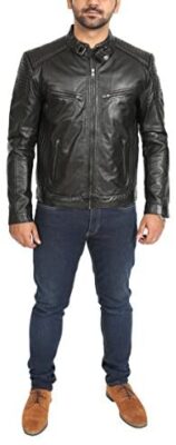 Veste en Cuir Véritable de Style de Motard pour Hommes Zip Up Manteau Matelassé Ron Noir Veste en Cuir Véritable de Style de Motard pour Hommes Zip Up Manteau Matelassé Ron Noir 5