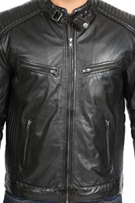 Veste en Cuir Véritable de Style de Motard pour Hommes Zip Up Manteau Matelassé Ron Noir Veste en Cuir Véritable de Style de Motard pour Hommes Zip Up Manteau Matelassé Ron Noir 7