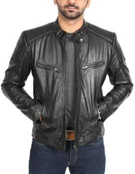 Veste en Cuir Véritable de Style de Motard pour Hommes Zip Up Manteau Matelassé Ron Noir Veste en Cuir Véritable de Style de Motard pour Hommes Zip Up Manteau Matelassé Ron Noir 4