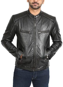 Veste en Cuir Véritable de Style de Motard pour Hommes Zip Up Manteau Matelassé Ron Noir Veste en Cuir Véritable de Style de Motard pour Hommes Zip Up Manteau Matelassé Ron Noir 3