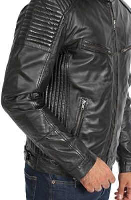 Veste en Cuir Véritable de Style de Motard pour Hommes Zip Up Manteau Matelassé Ron Noir Veste en Cuir Véritable de Style de Motard pour Hommes Zip Up Manteau Matelassé Ron Noir 8