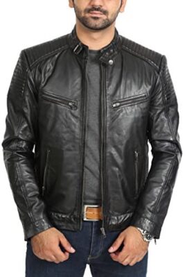 Veste en Cuir Véritable de Style de Motard pour Hommes Zip Up Manteau Matelassé Ron Noir Veste en Cuir Véritable de Style de Motard pour Hommes Zip Up Manteau Matelassé Ron Noir