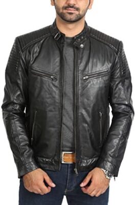 Veste en Cuir Véritable de Style de Motard pour Hommes Zip Up Manteau Matelassé Ron Noir