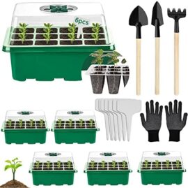 Bac à Semis, 6 Pièces Plateau de Semis Plateaux de Démarrage de Semis Mini Serre Interieur Plateaux de Culture Kit de Démarrage pour Plantes, pour Plante Graines Serre Germination (Vert)