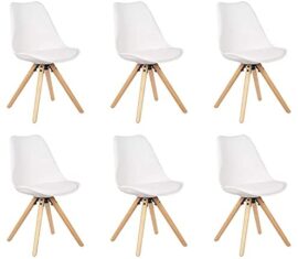 Injoy Life Lot de 6 chaises de salle à manger modernes en plastique avec pieds en bois massif et siège rembourré doux pour cuisine, comptoir, salon, salon - Chaises d'angle blanches