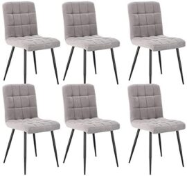 Lestarain Lot de 6 Chaises de Salle à Manger Rétro Chaises de Cuisine Chaises de Salon Rembourrée en Velours,Pieds en métal,Chaises avec Dossier Gris Clair