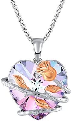 Angelady Amour de l'éternité Collier Coeur Cristaux Argent 925 Améthyste pour Femme Collier Fleur Rose Collier Femme Cadeau Bijoux Fille Anniversaire Fête des Mères Femme Maman- avec Boîte Cadeau