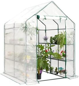 BEJOY Walk In Serre en plastique avec étagères, grande maison de jardin renforcée avec cadre en tubes d’acier, 143 x 143 x 195 cm BEJOY Walk In Serre en plastique avec étagères, grande maison de jardin renforcée avec cadre en tubes d’acier, 143 x 143 x 195 cm