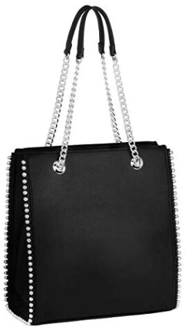 CRAZYCHIC - Sac à Main Porté Epaule Chaînes - Shopper Clous Billes Perles Métal Argenté Femme - Cabas Fourre-Tout Rectangle Cuir PU Taille Moyenne - Sac Ville Shopping Mode Tendance Chic - Noir