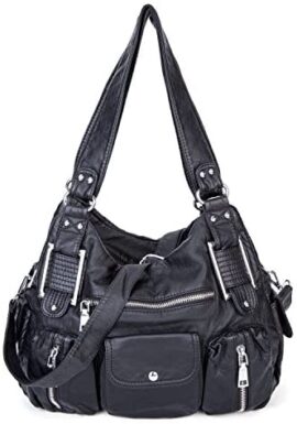 Sac à Main pour Femme en Cuir Souple lavé avec Multi-Poches Sac à bandouliere élégant et spacieux Sac portés Main Fourre-Tout Cabs (Noir)