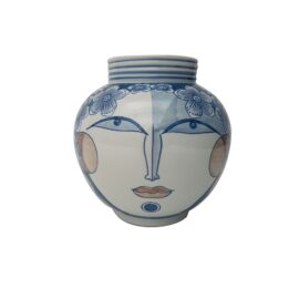 Vase boule bleu à motif visage Vase boule bleu à motif visage