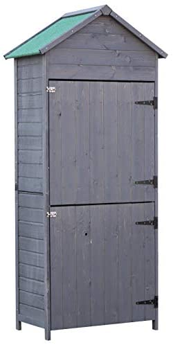 Outsunny Armoire abri de Jardin Remise pour Outils 3 étagères 2 Porte loquets Toit Pente bitumé 84L x 51l x 188H cm pin Massif traité Gris