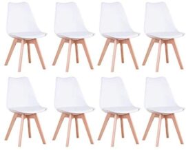 BenyLed Lot de 8 Chaises de Salle à Manger Modernes avec Assise Rembourrée et Pieds en Bois de Hêtre idéal pour Salle à Manger, Cuisine, Salon, Chambre (Blanc)