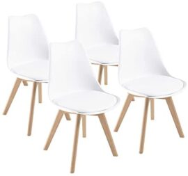 Chaises de Salle à Manger scandinave DEWINNER, Chaise de Bureau rétro, Assise rembourrée en hêtre Massif (White, Lot de 4)