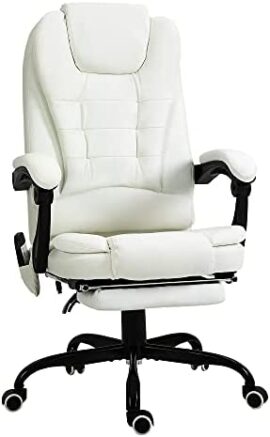 Fauteuil de Bureau Direction massant Chauffant Hauteur réglable Dossier inclinable Repose-Pied + Coussin lombaires intégrés revêtement synthétique (Blanc)