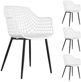 IDIMEX Lot de 4 chaises Lucia pour Salle à Manger ou Cuisine au Design Retro avec accoudoirs, Coque en Plastique Blanc et 4 Pieds en métal laqué Noir