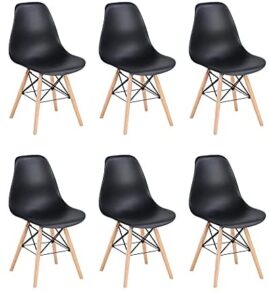 Mid-Century Lot de 6 chaises scandinaves de salon patchwork avec pieds en hêtre pour salle à manger chambre à coucher (Noir (6 pièces)