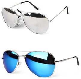 PURECITY© - Lot de 2 paires de Lunettes de Soleil Aviateur Verres Effet Miroir - Argent + Bleu - Monture Métal - Collection Mixte Fashion Tendance