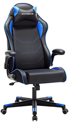 SONGMICS Fauteuil gamer, Chaise racing ergonomique, Siège de bureau pivotant, accoudoirs pliables, appui-tête amovible, hauteur réglable, acier, revêtement en PU, Noir et Bleu RCG014B01