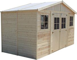 TIMBELA Abri de Jardin en Bois Naturel - Stockage extérieur avec fenêtres- H246x418x220 cm/8 m² Hangar en Bois Naturel - Atelier Rangement Outils et vélos M332