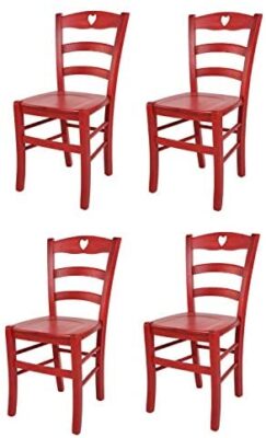 Tommychairs - Set 4 chaises Cuore pour Cuisine, Bar et Salle à Manger, Robuste Structure en Bois de hêtre peindré en Couleur Aniline Rouge et Assise en Bois