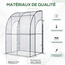 Outsunny Serre de Jardin adossée Serre adossée dim. 1,43L x 1,18l x 2,12H m 2 Portes zippées enroulables Acier PVC Transparent Outsunny Serre de Jardin adossée Serre adossée dim. 1,43L x 1,18l x 2,12H m 2 Portes zippées enroulables Acier PVC Transparent 4