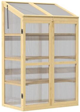 Outsunny Mini Serre de Jardin en Polycarbonate Cadre en Bois 3 étagères dim. 80L x 50l x 130H cm Double Porte Toit ouvrant Bois de Sapin lasuré Marron