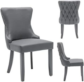 PS Global Mia Lot de 2 chaises de salle à manger en similicuir avec boutons profonds touffetés et clous chromés Gris foncé