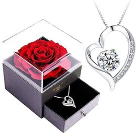 Rose eternelle avec Bijoux Argent 925,Collier Femme boîte de Roses,Pendentif Coeur avec Rose Conservée,Rose Stabilisée Rouge,Cadeau pour Elle la Noël,La Saint-Valentin,Fête des mères,Anniversaire