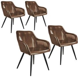 TecTake 800878 Lot de 4 Chaises de Salle à Manger en Simili Cuir Scandinave Pieds en Acier Noirs Élégant avec Accoudoirs – Diverses Couleurs (Marron Foncé)