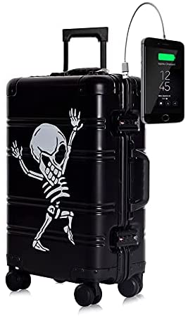 Valise Cabine en 100% Aluminium Dimensions Cabine Bagage Trolley 55x35x20 cm Serrure TSA Sac de Voyage Modèle Black Skull (Valise prête à Charger Les Portables) TOKYOTO Luggage (Seule Valise)