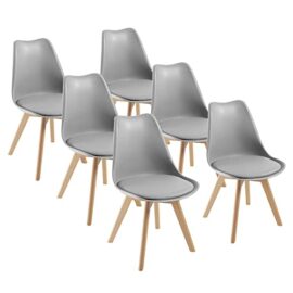 Chaises de Salle à Manger scandinave DEWINNER, Chaise de Bureau rétro, Assise rembourrée en hêtre Massif (Gray, Lot de 6)