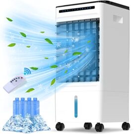 Climatiseur Mobile,Gihikol Refroidisseur d'air Climatiseur avec Grand Réservoir d'eau de 5 L, Fonction Ions Négatifs, 3 Modes et Vitesses, Minuterie de 7 Heures, Télécommande Intelligente