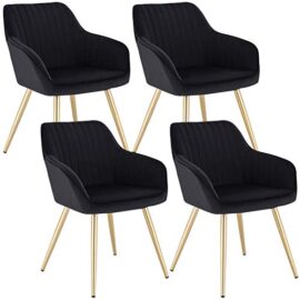 Lestarain Chaise de Salle à Manger Lot de 4 avec Dossier et Accoudoir,Chaise de Cuisine Noir Fauteuil Scandinave Assise en Velours et Pieds en Métal