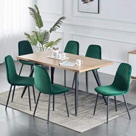 Lot de 6 chaises de salle à manger, fauteuil avec dossier, style scandinave et vintage, siège en daim synthétique, dotées de pieds en acier noir et de velours vert