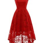 MuaDress MUA6006 Robe Pin Up pour Mariage Invité Baptême Dentelle Fleur Jupe Asymétrique Vintage Robe Chic Femme été Trapèze Robe Soirée Col Rond Red L