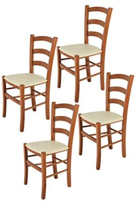 Tommychairs - Set 4 chaises VENICE pour cuisine, bar et salle à manger, robuste structure en bois de hêtre peindré en couleur cerisier et assise rembourrée et revêtue en cuir artificiel couleur ivoire