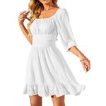 Yieune Femme Robe d'été Robes Bohème Chic Elegant Robe en Mousseline de Soie Robe à Encolure carrée Robe de Plage Robe Noeud arrière (Blanc M)