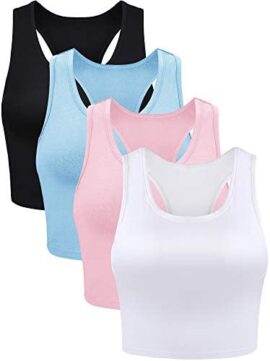 4 Pièces Crop Tank Tops Basiques Racerback Débardeur sans Manches Débardeur de Sport en Coton pour Femmes (Noir, Blanc, Bleu, Rose, M)