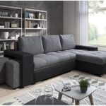 Canapé d'angle Simon 255 cm - Convertible et réversible avec Coffre - 3 Places - Simili Noir/Tissu Gris + 2 poufs