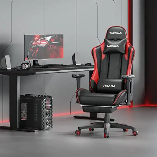 Hbada Chaise Gaming Inclinable, Fauteuil de Bureau Gamer Ergonomique, Siège de Jeu Pivotant en Similicuir, Hauteur et Accoudoirs Réglables, Noir Rouge-1 (avec Repose-Pied)