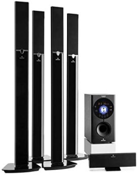 Auna Areal 653 - Système Surround 5.1, Système d'enceintes, Subwoofer de 6,5", Quatre Enceintes colonnes, Une Enceinte Centrale, Interface Bluetooth, Deux Prises Microphone, Noir