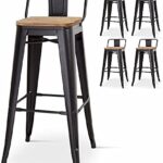 Lot de 4 chaises de Bar, grands tabourets style industriel avec petit Dossier en métal Noir Lot de 4 chaises de Bar, grands tabourets style industriel avec petit Dossier en métal Noir